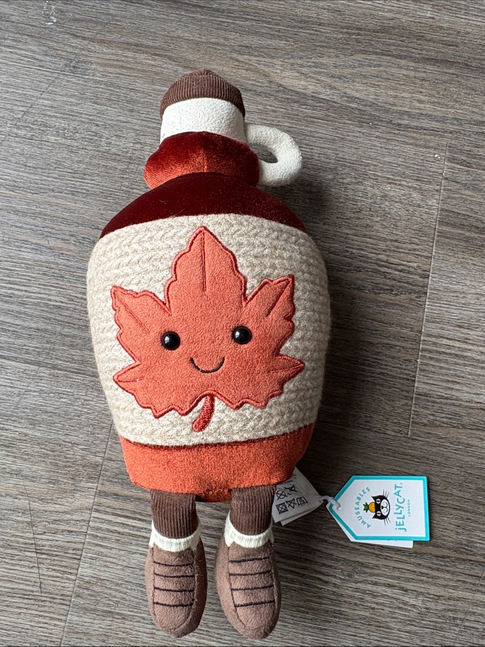 NWT Jellycat Plush Maple-Leaf Bottle Toy in Brown, Cream & Orange